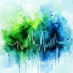 Heartbeat pattern in watercolor style with a glowing heart symbol
