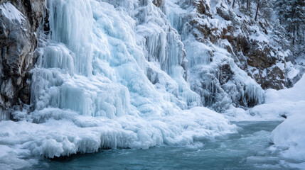 An ice-covered waterfall cascades down a rocky cliff face in a winter wonderland, surrounded by snow and bare trees du a cold day creating a frozen scene.