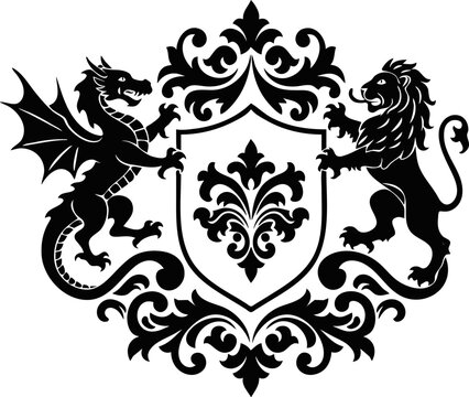 Royal Knightly Emblem with Dragon, Lion, Shield, and Flourishes