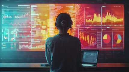 Female analyst engaged in data analysis against vibrant digital displays.
