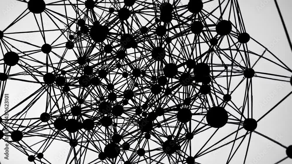 Poster black dots connected by lines are multiplying, creating a complex network that expands and grows, sy