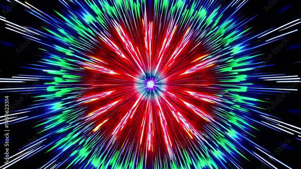 Poster hypnotic starburst patterns radiating from central point, generating vibrant visual dynamics with tr