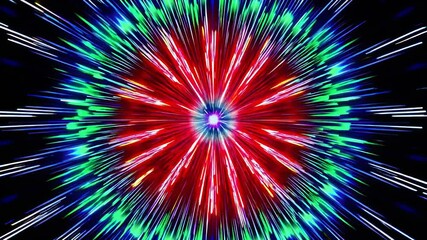 Hypnotic starburst patterns radiating from central point, generating vibrant visual dynamics with transforming color gradients and expanding geometric forms