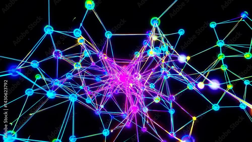 Poster colorful plexus network growing and connecting, revealing complex digital structure with glowing nod
