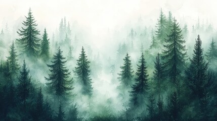 Fototapeta premium A dense forest of tall pine trees is enveloped in a thick mist, crafting an otherworldly and mystical ambiance. The white background is delicately accented with faint green hues from the tree tops.