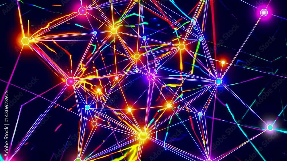 Poster colorful plexus network grows and expands, with glowing nodes and lines connecting them, creating a 