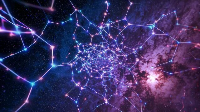 Glowing plexus expands through a vibrant galaxy, creating a mesmerizing visualization of interconnected cosmic networks and vast interstellar space