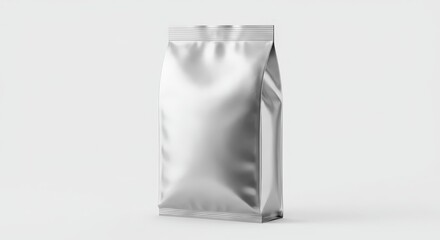 Standing Sealed Package Mockup in Silver on Neutral Background