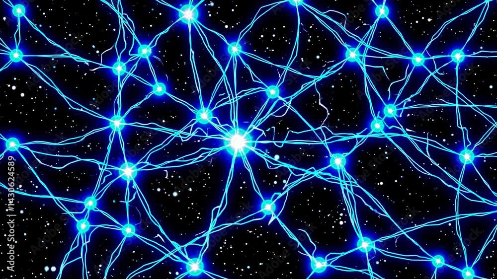 Poster neural network simulation showing interconnecting neurons with glowing blue synapses, representing c