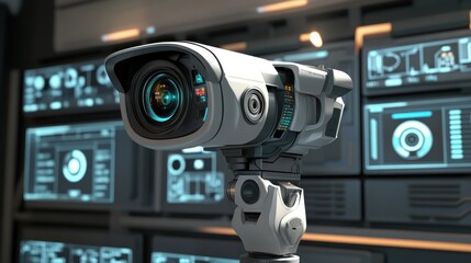 Futuristic security camera in a high-tech control room.