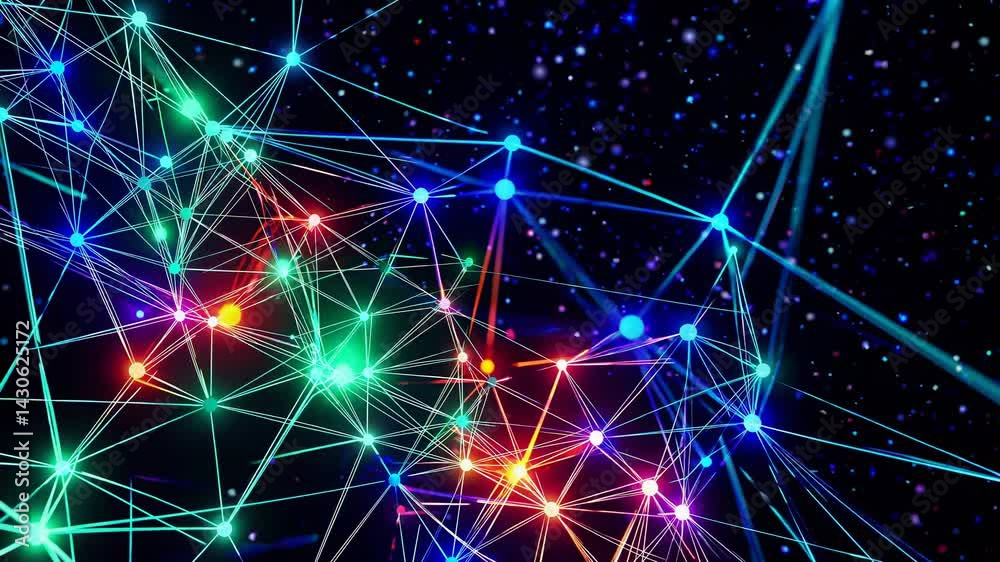 Wall mural colorful digital plexus network expanding with luminous particles, interweaving light-emitting point