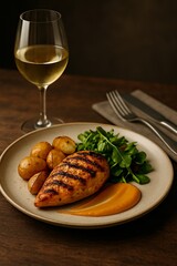  Grilled chicken breast with roasted potatoes, greens and orange sauce on ceramic plate