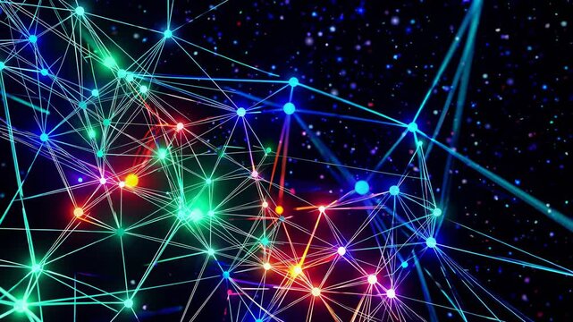Colorful digital plexus network expanding with luminous particles, interweaving light-emitting points against dark cosmic background, suggesting technological connections and data flow