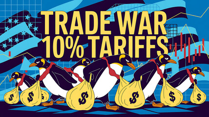 Fototapeta premium Penguins carry money bags against a backdrop of trade war graphics depicting financial burden and trade challenges.
