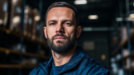 Fototapeta premium A focused warehouse worker in blue uniform, embodying dedication in industrial labor 