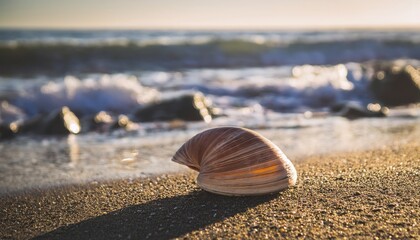Shell on a beach with the sea crashing against rocks and waves