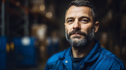 Obraz premium A focused warehouse worker in blue uniform, embodying dedication in industrial labor 