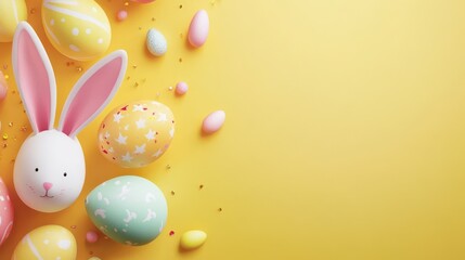 Easter celebration concept. Top view vertical photo of colorful easter eggs and easter bunny ears on isolated yellow background with empty space