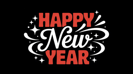 Fototapeta premium Festive Happy New Year design with stylized lettering stars and swirls on a black backdrop.