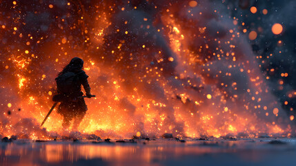 Warrior Silhouette Amidst Fiery Chaos