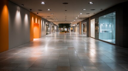 Naklejka premium Minimalist shopping center interior with clean walkways and soft lighting, embodying modern elegance and spacious simplicity. 