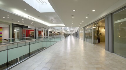 Minimalist shopping center interior with clean walkways and soft lighting, embodying modern elegance and spacious simplicity.
