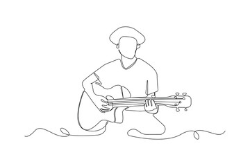 Young man playing guitar one-line art drawing. Guitarist continuous outline