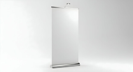 photorealistic vertical standing banner mockup with chrome base, blank white surface, isolated on solid white background, realistic lighting and shadow