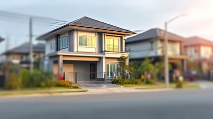 Fototapeta premium Modern suburban home with clean lines, bathed in soft daylight. Minimalist elegance in a quiet neighborhood setting. 