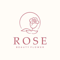 rose in circle line art logo vector minimalist illustration design, rose with leaves, enclosed within a circle logo design