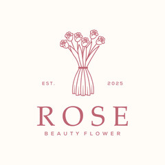 rose bouquet tie line art logo vector minimalist illustration design, beauty bouquet of rose logo design