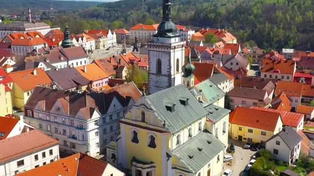 Aerial view to historic center of Stribro town. Medieval city from 12th century. It has about 8,100 inhabitants. Amazing tourist destination near Slavkovsky les. Czech Republic, Central Europe.