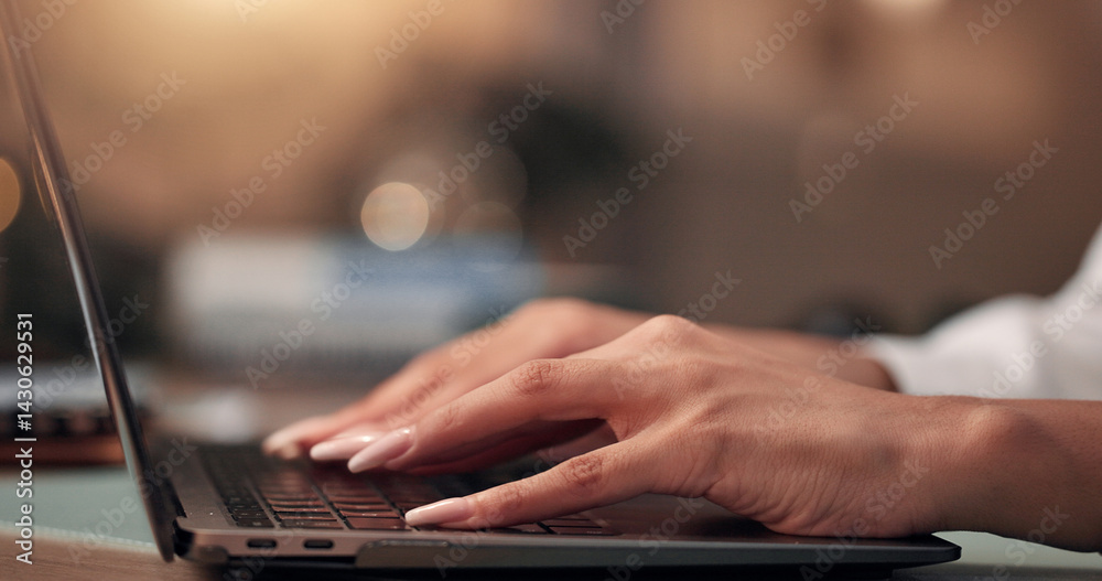 Poster laptop, hands and businesswoman in office at night for creative project with deadline. keyboard, com