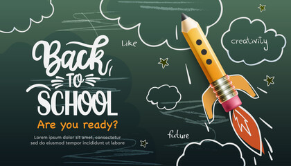 Back to School web banner with pencil rocket ship and doodle style drawing on green chalkboard. Digital internet tutorials and courses, online education, e-learning. Template for website, landing page