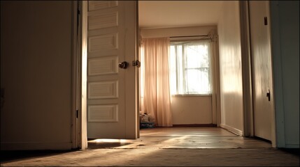 Open door to a sunlit clean room with simple decor, conveying peace and freshness in a minimalist space.