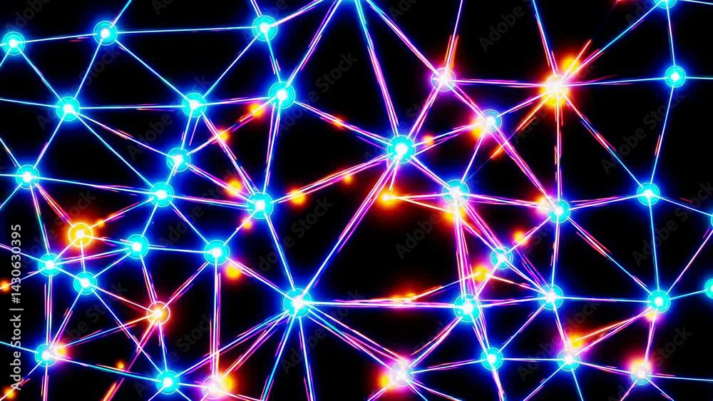 Poster colorful network expanding and connecting with bright nodes, forming intricate digital structure rep