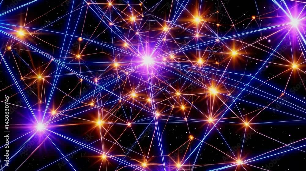 Poster bright nodes are expanding, connecting with each other, creating a complex network, resembling a con