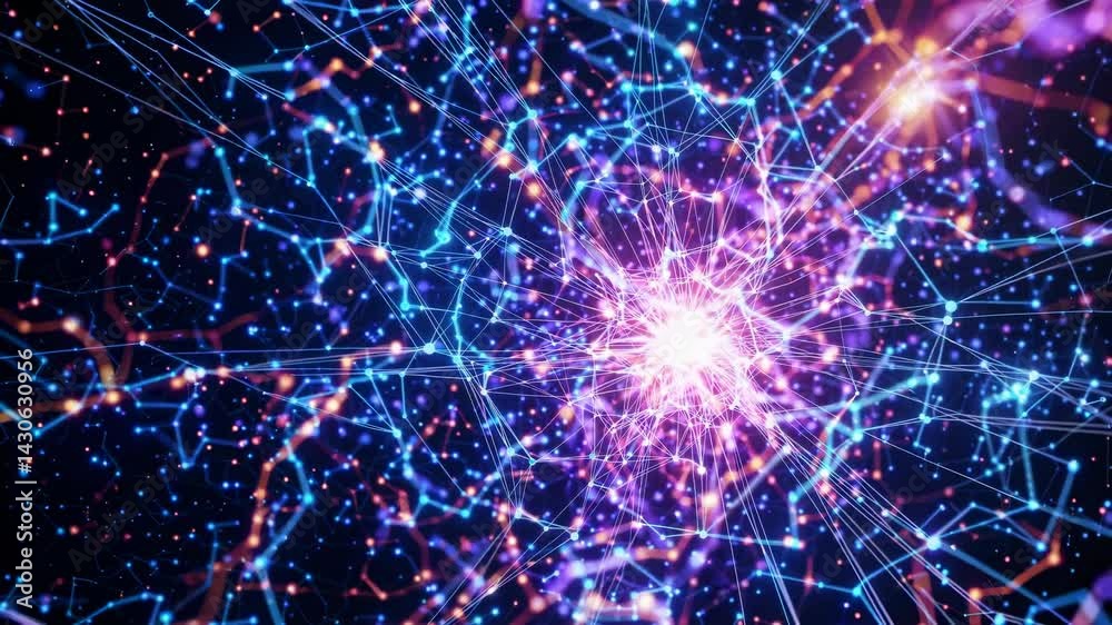 Poster colorful plexus network is growing from the center with glowing particles and lines moving slowly, c