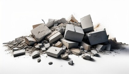 A pile of gray concrete debris remains of a destroyed building isolated on white background
