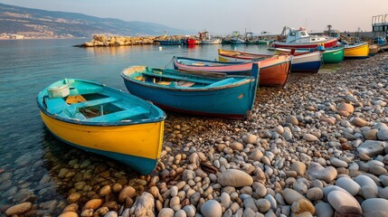 Obraz premium Colorful boats on pebble beach, Mediterranean coast at dawn. Serene coastal harmony in morning light.
