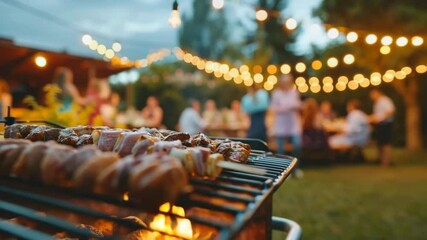 Friends gather for a cozy backyard barbecue party under string lights at dusk.