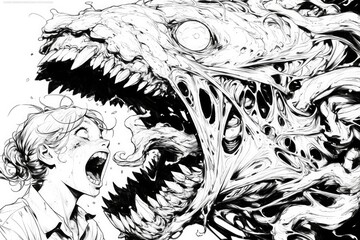 A frightened girl faces a monstrous creature with sharp teeth