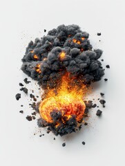 3D render of a highly detailed, dynamic volcanic eruption, featuring slow-motion fire ripple, with fast-expanding dust clouds. The explosion showcases glowing embers scattered around, capturing the