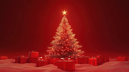 Obraz premium beautifully decorated Christmas tree with glowing lights and star on top stands surrounded by red gift boxes against rich red background, evoking festive and joyful atmosphere