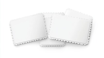 Empty ticket template. Concert movie theater and boarding blank white tickets, lottery coupons with ruffle edges. Vector isolated modern coupon set for travelling festival airplane