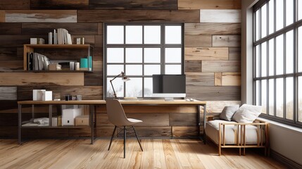 Minimalist home office with wooden wall and natural light, embodying a serene and productive workspace.