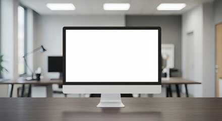 Fototapeta premium Computer Mockup on Desk in Modern Office with White Screen Display