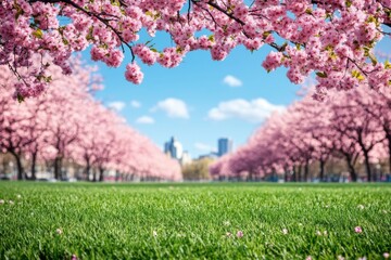 Naklejka premium Bright spring day with cherry blossoms framing a grassy field in an urban park
