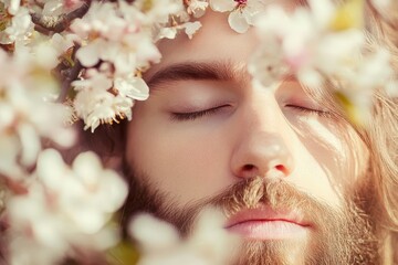 Naklejka premium Beauty Eyes. A Portrait of Beauty with Closed Eyes in Beige Blossom Background
