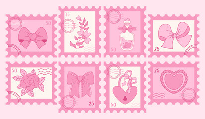 Romantic Pink Postage Stamps set. Vintage Coquette Ribbon Bow, Heart, Lock, Flower, Rose and Magic Elixir Potion. Girly Vibe. Isolated Trendy Aesthetic accessories for Design love theme Valentine Day